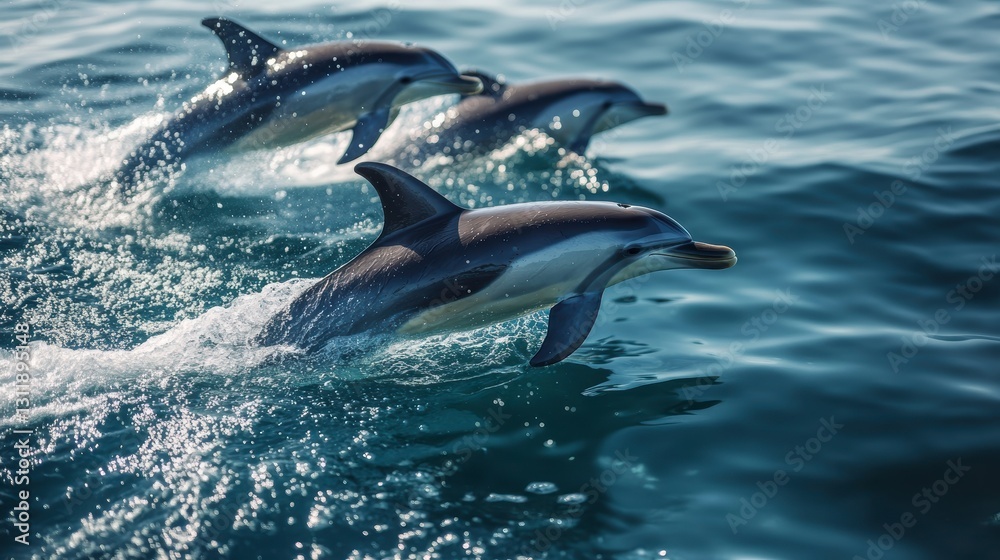 Fototapeta premium Three Dolphins Leaping in a Sunlit Ocean