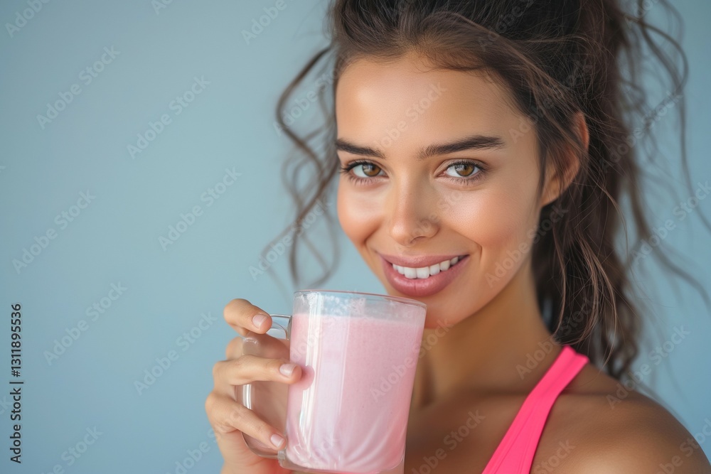 Smiling young woman holding a glass of pink smoothie, radiating health and vitality. Smiling young woman holding a glass of pink smoothie, radiating health and vitality.