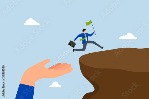 Helping hand, massive hand assists entrepreneur in leaping over cliff to achieve success. 