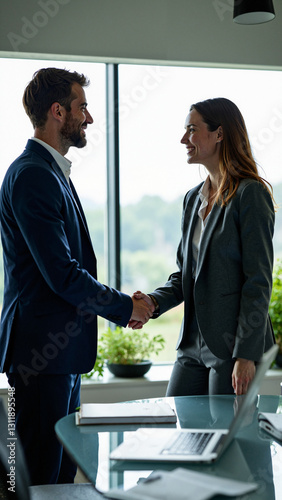 Dynamic Business Handshake in a Modern Office: Perfect for Corporate Presentations and Marketing Materials