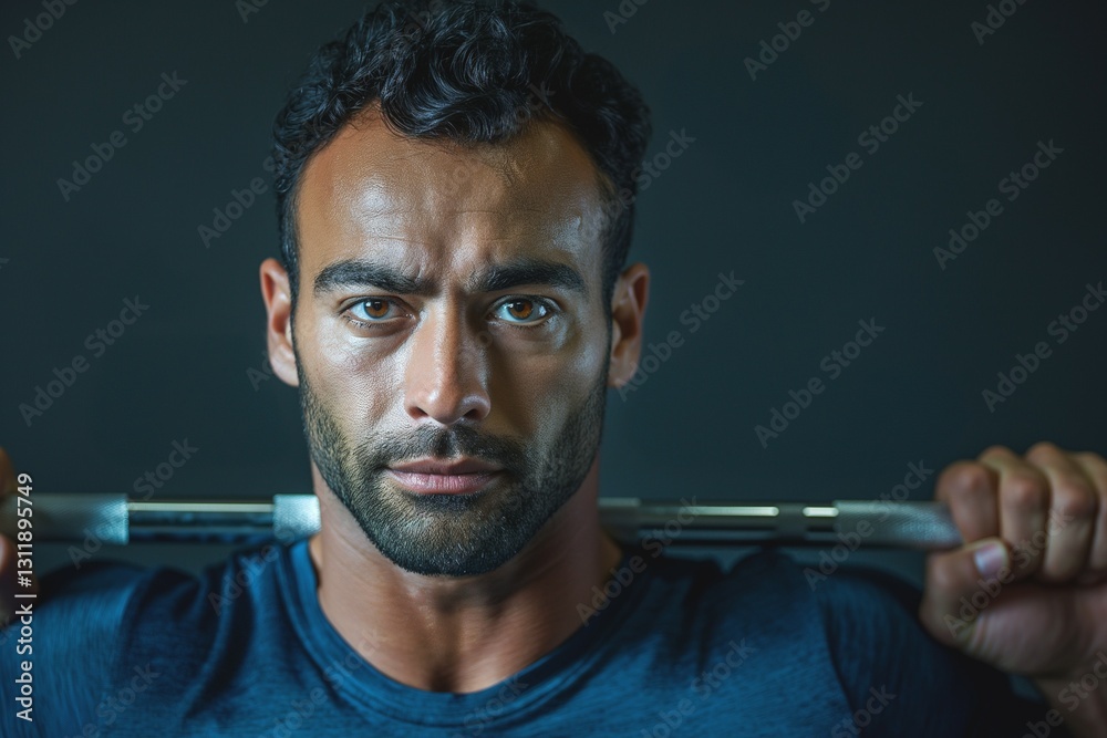 A focused Middle-Eastern man in a blue shirt prepares to lift weights, showcasing determination and strength. A focused Middle-Eastern man in a blue shirt prepares to lift weights, showcasing determination and strength.