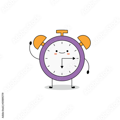 Cute alarm clock cartoon character waving hand hi doodle