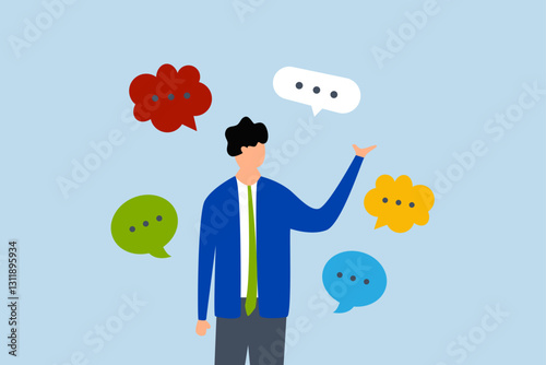 oral communication skill, entrepreneur engaging in conversation with several dialogue boxes. 
