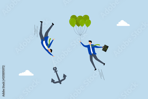 Business ranking up or down, entrepreneur grasping balloon that ascends, in contrast to others descending with an anchor. 