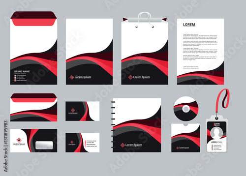 Concept of Brand Identity Mock-Up set purple and green abstract design on Stationery items. Vector Stationary mockup template of vertical promotional banner, business brochure cover, shoping bag, etc