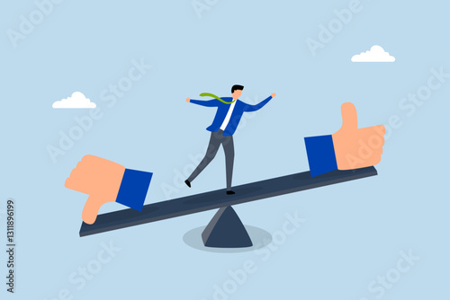 Demerit and merit evaluation, businessman teetering on a seesaw with thumbs up and down. 