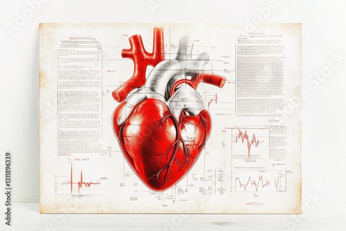 A vintage-style poster educating about heart attack symptoms, featuring bold typography, an anatomical heart diagram, and muted colors