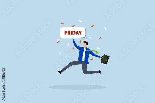 Happy Friday, Joyful entrepreneur leaping while holding sign that says Friday. 