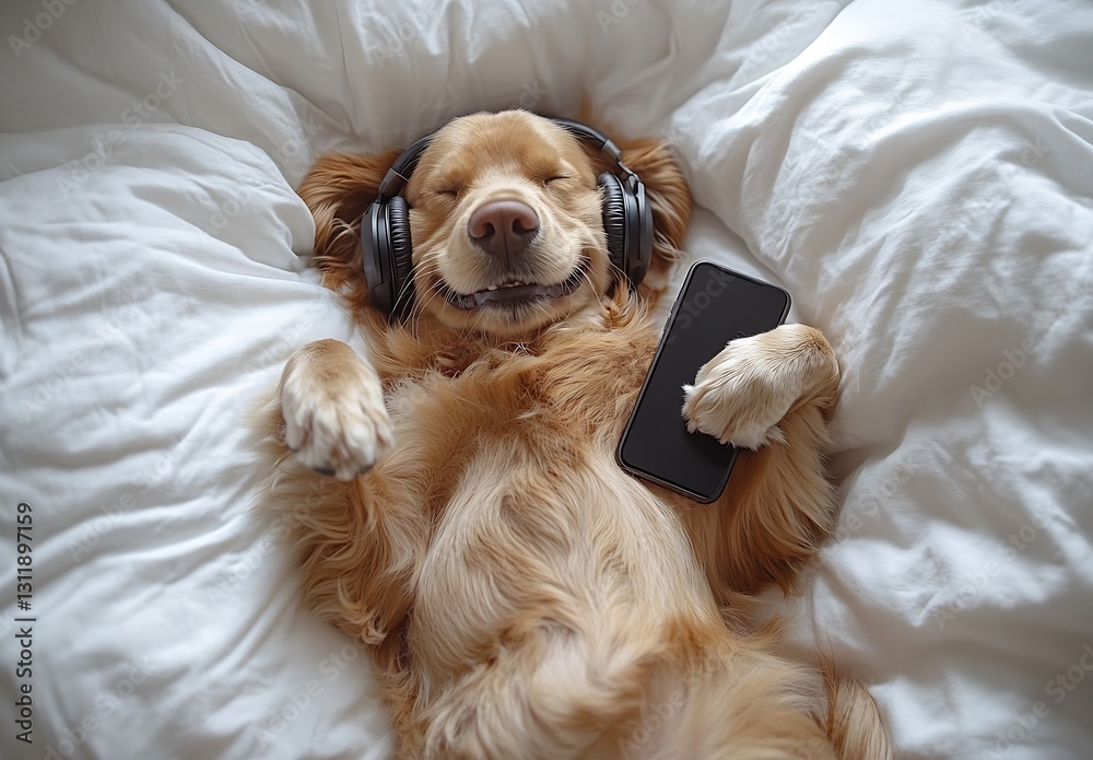 Obraz premium Happy Golden Retriever Dog Relaxing with Headphones and Smartphone on Cozy Bed : Generative AI
