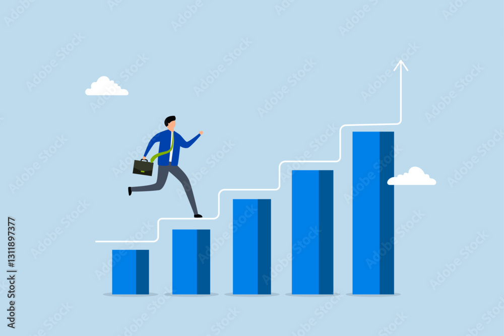 improvement to success, entrepreneur ascends success chart and graph with steps to achievement. improvement to success, entrepreneur ascends success chart and graph with steps to achievement.