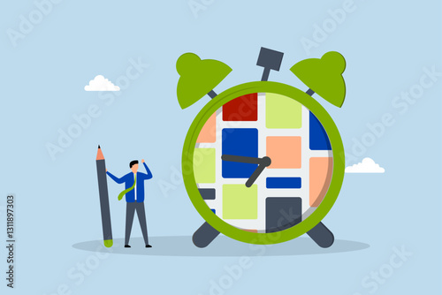 Task management, project manager grips pencil with assignment on timer. 