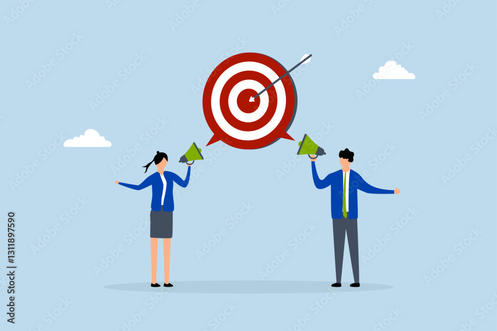 Effective communication for team success and achieve goal, Business individuals communicate with a megaphone towards the same objective. Effective communication for team success and achieve goal, Business individuals communicate with a megaphone towards the same objective.