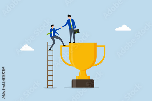 Partnership help success, Entrepreneur assists peers in ascending the ladder while standing on winning trophy. 