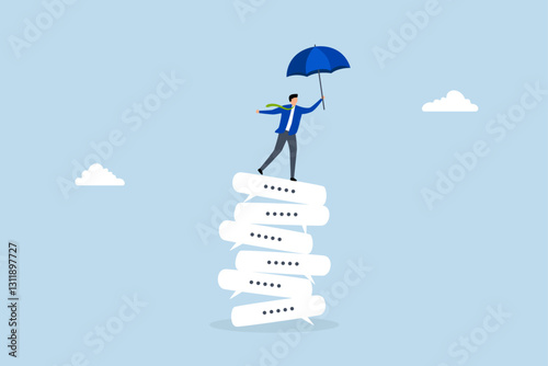 Chat dialogue, entrepreneur stands on a pile of dialogue speech bubbles. 