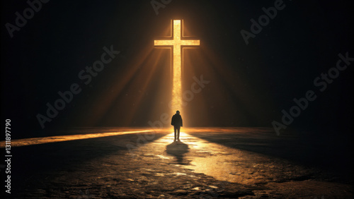 A glowing cross radiating warm golden light against darkness with a lone figure standing in awe