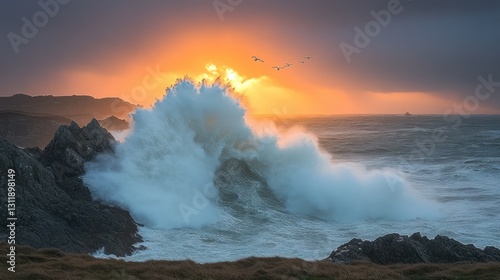 Dramatic sunset over crashing waves