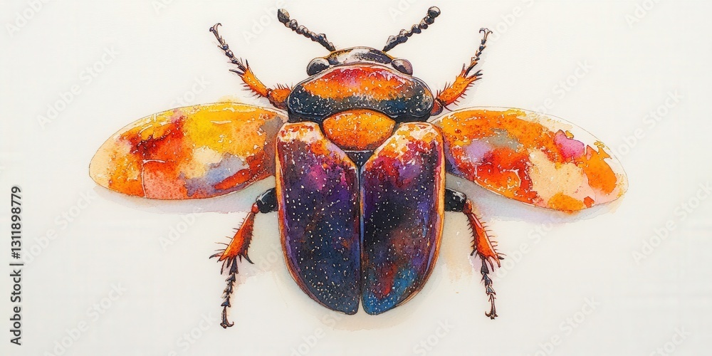 Obraz premium Vibrant watercolor beetle with bold oranges, yellows, purples, and black-white speckles, elegantly poised in profile