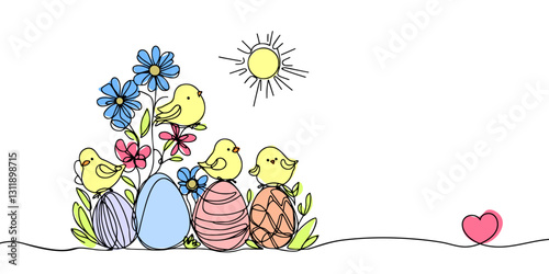 Happy Easter spring decoration. Easter eggs, chicks and flowers. Continuous one line drawing. Vector illustration