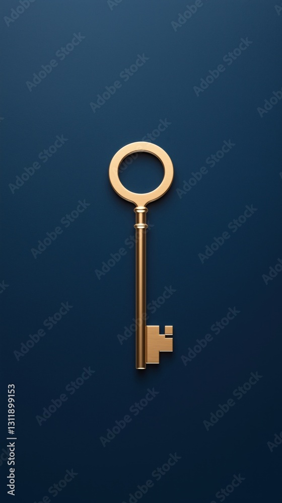 A shiny golden key stands upright against a deep blue background, symbolizing access and discovery. A shiny golden key stands upright against a deep blue background, symbolizing access and discovery.