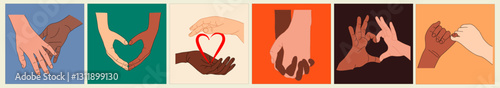 Set of Interracial couple Holding Hands, touching each other in heart shape colorful illustration. Love, relationship, Valentines day concept. Modern vector art isolated on colorful backgrounds.