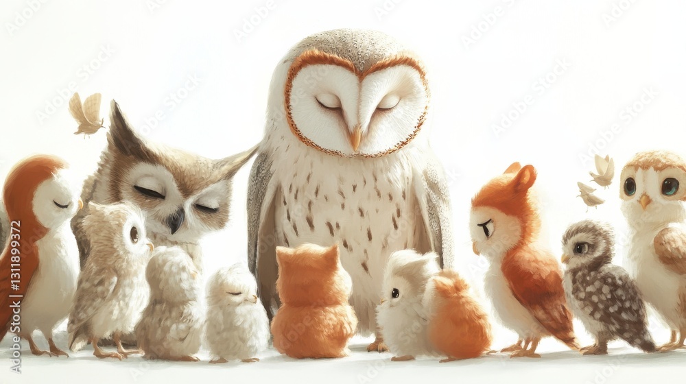 Fototapeta premium Serene Gathering of Owls and Owlets in Soft Lighting