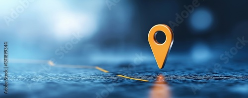 A close-up of a bright yellow location pin on a reflective surface, suggesting navigation and mapping themes in a digital context.