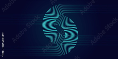 Dark blue abstract background with glowing circle lines. Geometric stripe line art design. Modern shiny blue diagonal rounded lines pattern. Futuristic technology concept.