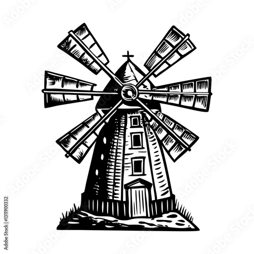 A vintage style illustration windmill architecture