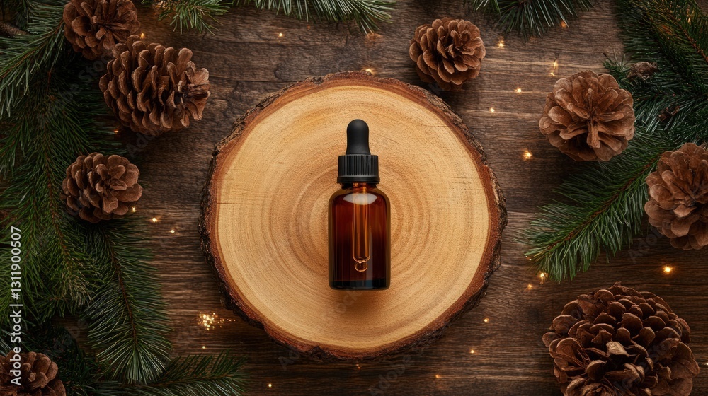 Amber Bottle And Dropper On Wooden Slice With Pinecones And Green Branches Overhead View Amber Bottle And Dropper On Wooden Slice With Pinecones And Green Branches Overhead View