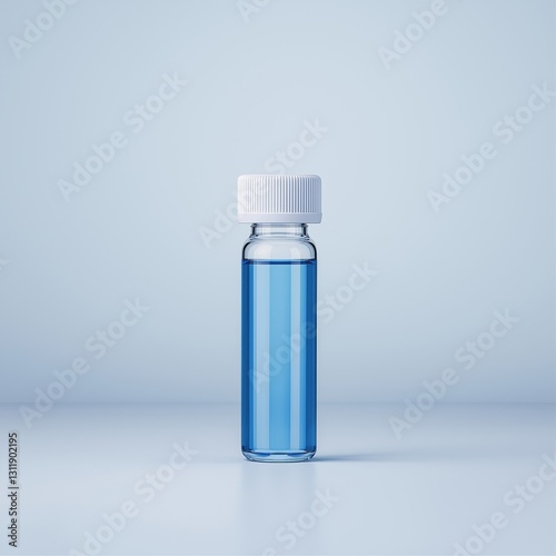 A clear glass vial containing blue liquid, set against a soft gradient background, showcasing a minimalist design.