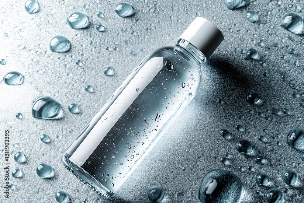 Sleek glass water bottle with a minimalist design featuring condensation droplets on blue background