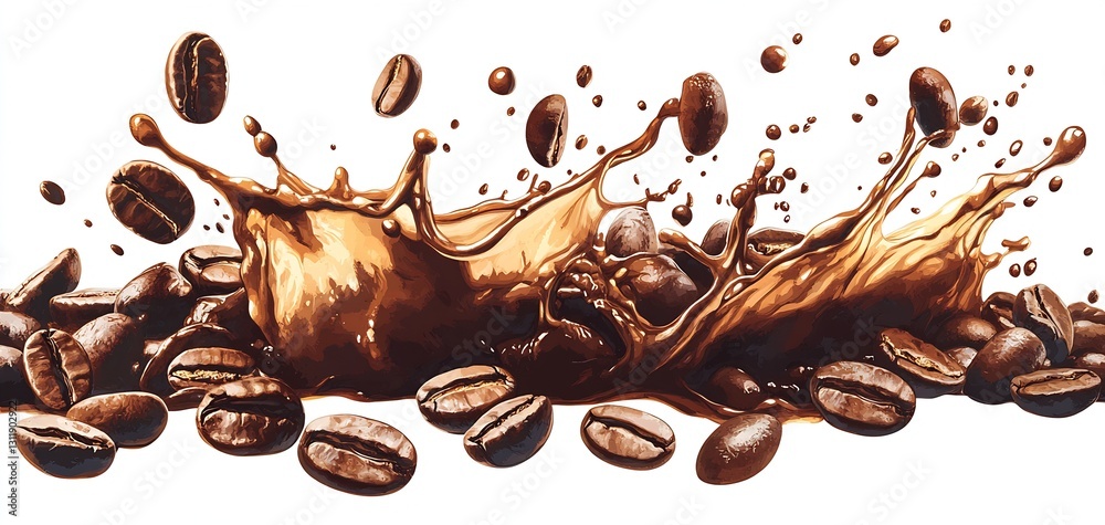 Fototapeta premium Rich Chocolate Coffee Splash with Roasted Beans on White Background : Generative AI