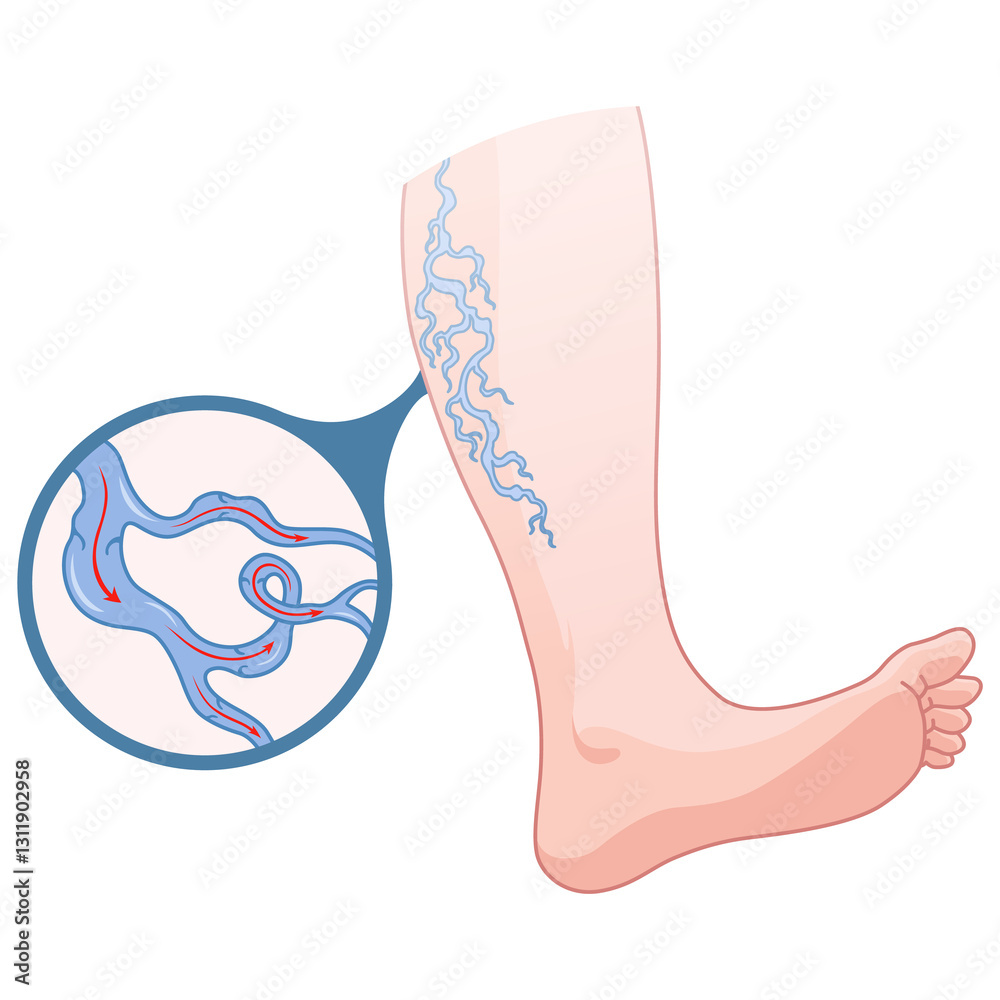 Varicose veins. Blue blood vessel visible through the skin, abnormally swollen leg. Vascular disease diagnostic and treatment. Venous insufficiency medical disease