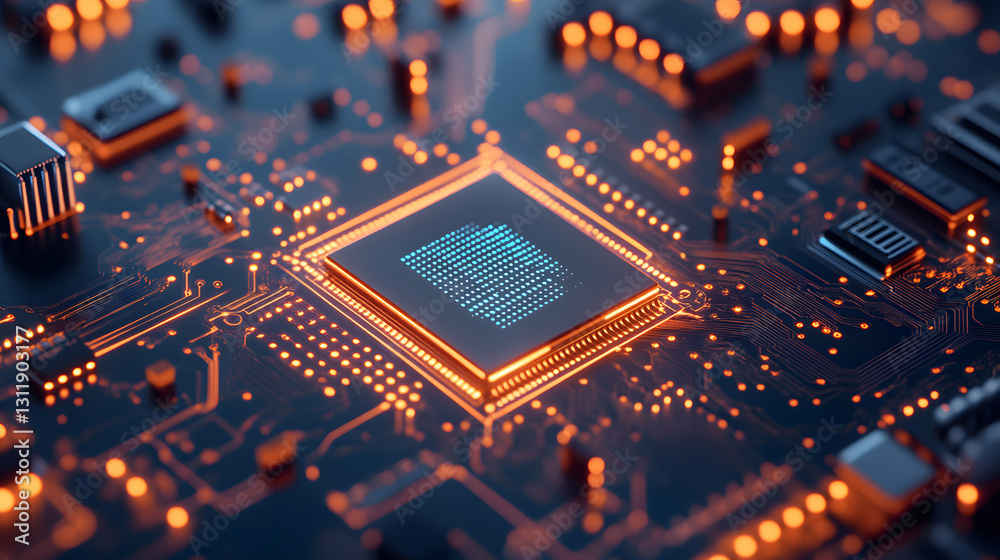 A highly detailed close-up of an advanced computer chip glowing with neon blue and orange circuitry. Intricate pathways and delicate transistors pulse with energy, representing the immense