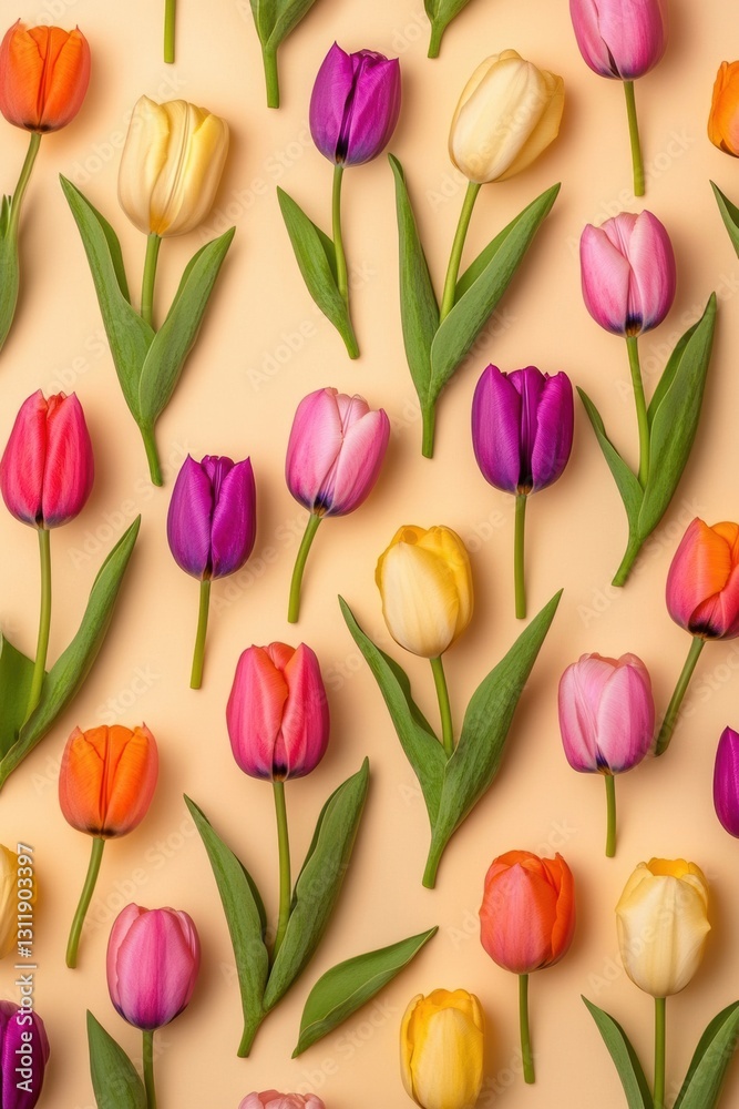 Obraz premium Vibrant tulips in various colors arranged on a soft light background, bringing the essence of spring season to life and creating a cheerful atmosphere