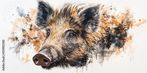 Vivid watercolor captures a wild boar's regal head and torso, head turned left, richly detailed fur textured by intricate brush strokes, exuding raw nature's power in an intimate close-up