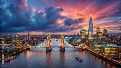 Londons Enchanting Skyline At Sunset, Tower Bridge Standing Tall Against Fiery Clouds And Gleaming Modern Buildings, Reflecting In The Tranquil Thames photo