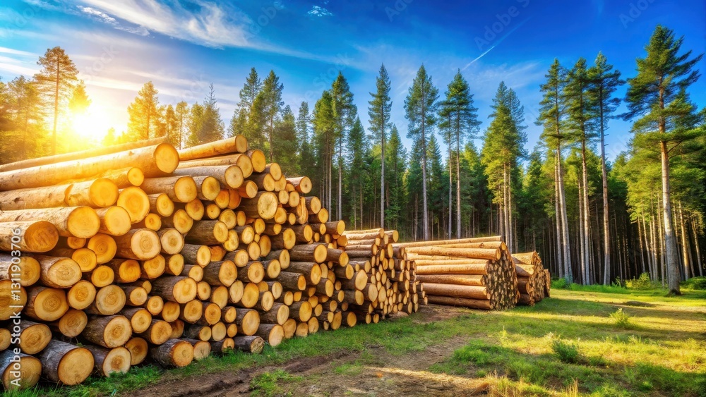Sunlit stacks of harvested lumber rest in a clearing amongst a tall pine forest Sunlit stacks of harvested lumber rest in a clearing amongst a tall pine forest
