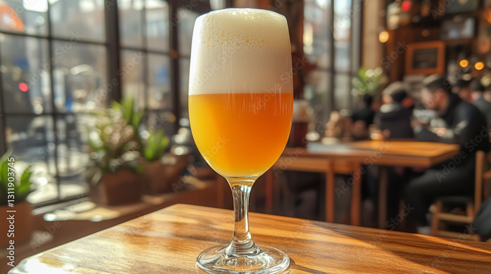 Enjoying a refreshing pilsner beer served in a tall, slender glass at a cozy cafe during a sunny afternoon Enjoying a refreshing pilsner beer served in a tall, slender glass at a cozy cafe during a sunny afternoon