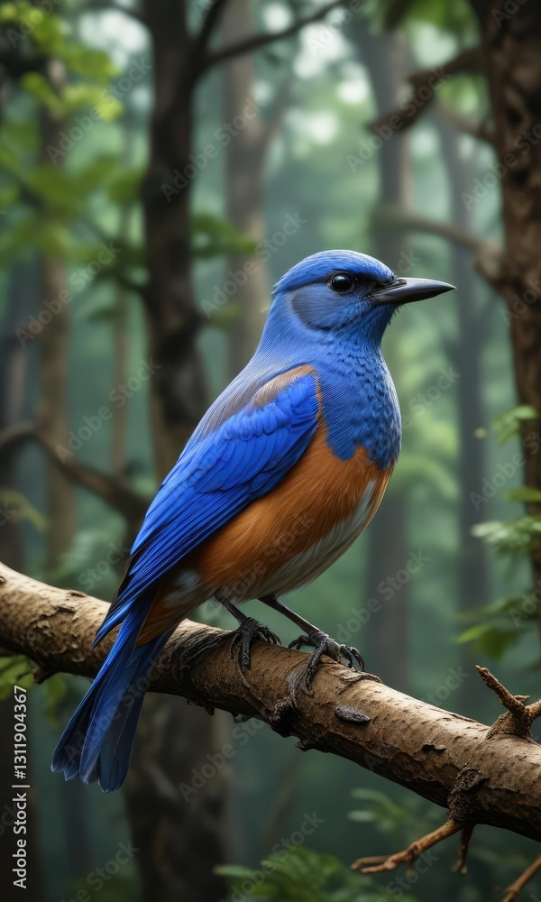 Fototapeta premium Majestic blue bird perched on a tree branch in the forest rest, blue peacock, wildlife