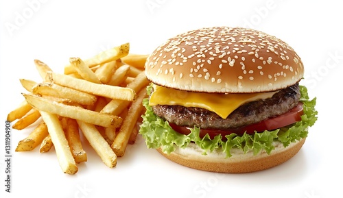 Savory Hamburger with French Fries and Sesame Bun for a Perfect Snack : Generative AI