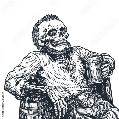 Vector illustration of a pirate skeleton enjoying a mug of rum. The detailed engraving-style artwork depicts the grinning skull character wearing tattered clothing, sitting beside a barrel