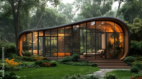 High-tech steel home frame with curved architectural design, highlighting versatility and lightweight materials, 8K rendering