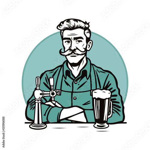 bartender with a mustache standing confidently behind a bar, featuring a beer tap and frothy mug sketch engraving generative ai raster illustration. Scratch board imitation. Black and white image