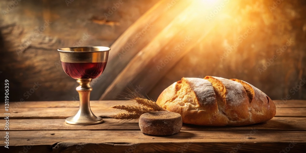 Obraz premium Golden chalice of wine and freshly baked bread on rustic wooden table