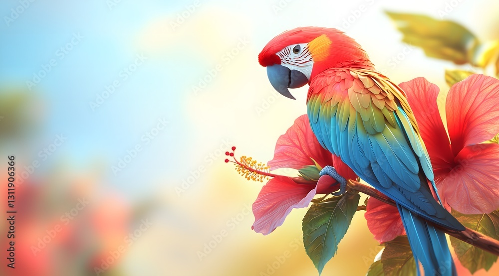 Obraz premium Colorful parrot perched on a branch with hibiscus flowers