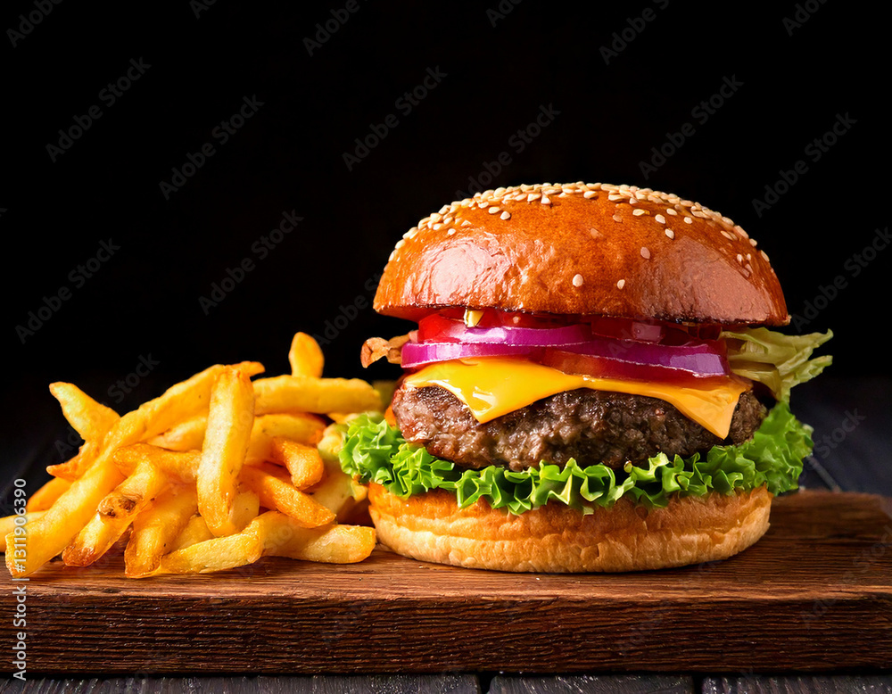Craft burger with fries studio shot gourmet fast food