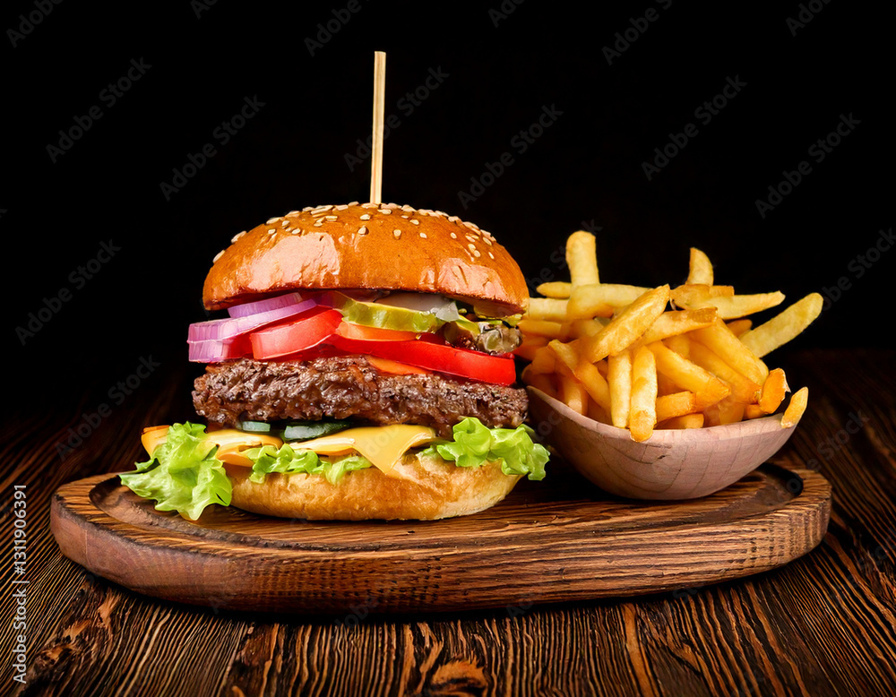 Craft burger with fries studio shot gourmet fast food
