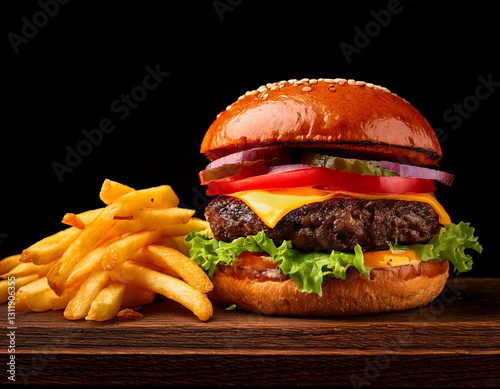 Craft burger with fries studio shot gourmet fast food