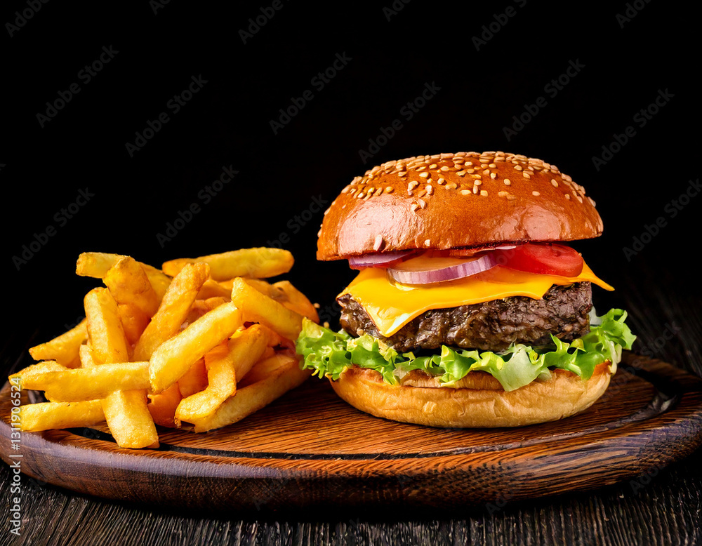 Craft burger with fries studio shot gourmet fast food